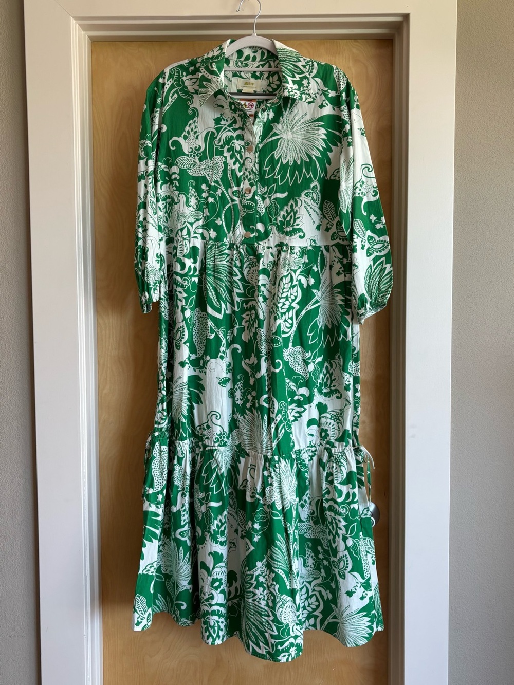 Maeve Anthropologie Bettina Tiered Shirt Dress Sz S Green Botanical Puff Sleeve